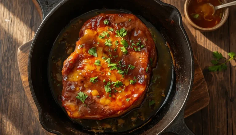 Glazed ham steak in a cast-iron skillet topped with fresh parsley