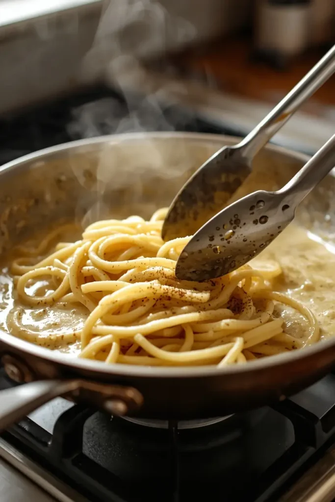 Hearts of palm pasta tossed in creamy garlic Parmesan sauce in a skillet