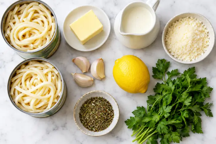 Ingredients for hearts of palm pasta recipe laid out including cans, cream, garlic, and Parmesan