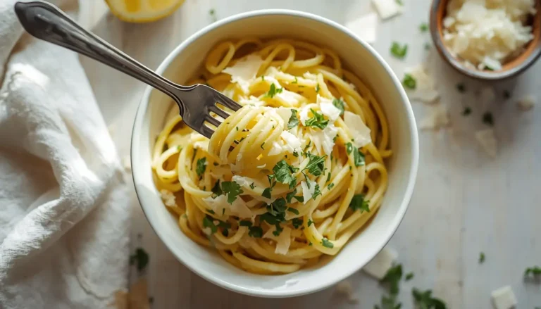 Bowl of creamy low-carb hearts of palm pasta topped with parsley and Parmesan