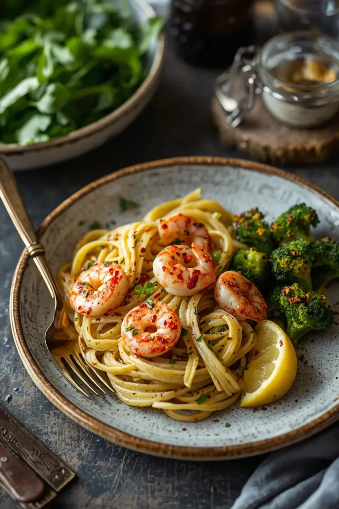 Low-carb hearts of palm pasta dinner served with shrimp, arugula salad, and roasted broccoli