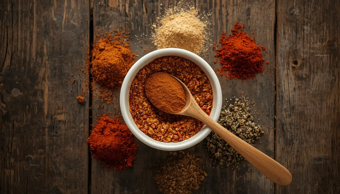 Chicken Fajita Seasoning 1 Bowl of homemade chicken fajita seasoning surrounded by chili powder, paprika, cumin, and oregano