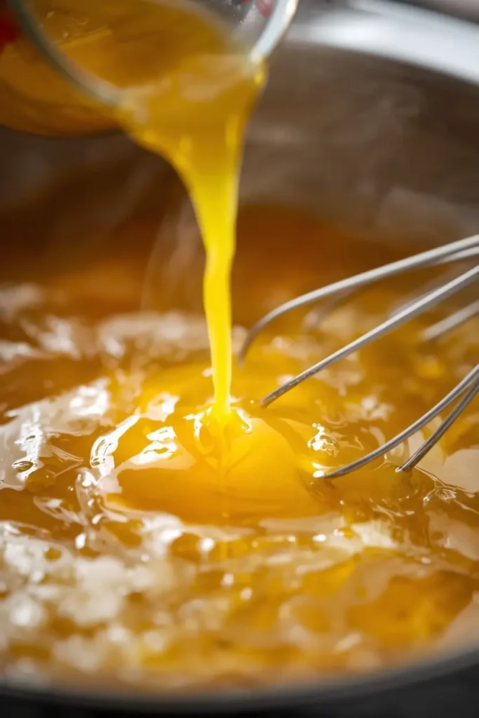 Keto Egg Drop Soup 3 Pouring beaten eggs into simmering broth to make keto egg drop soup ribbons