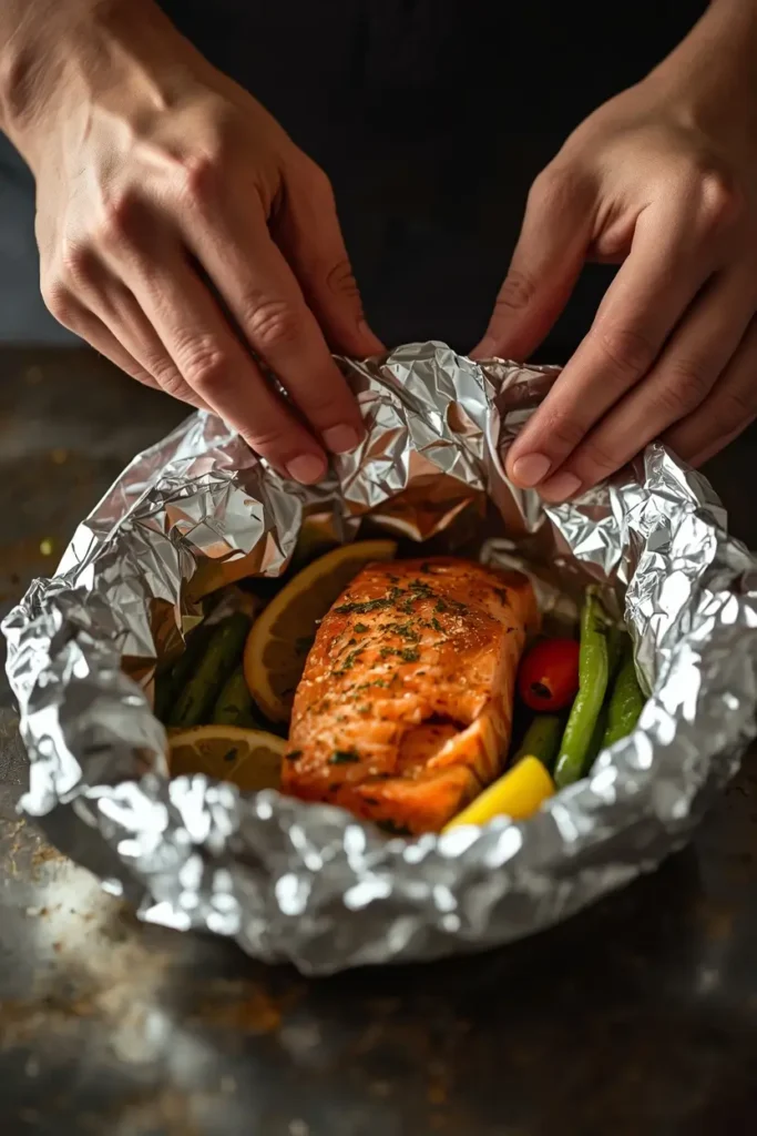 Salmon Foil Packets 3 Hands sealing salmon foil packets with seasoned salmon, lemon slices, and vegetables inside