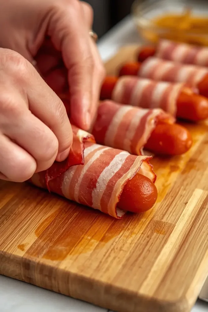 Bacon Wrapped Hot Dogs 3 Hands wrapping bacon around a hot dog to make bacon wrapped hot dogs