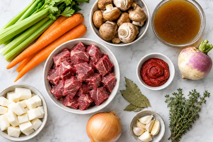 Keto Beef Stew 2 Fresh ingredients for keto beef stew recipe including beef chuck, mushrooms, celery, turnip, and herbs