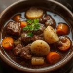 Bowl of hearty keto beef stew with tender beef chunks, carrots, and mushrooms garnished with parsley