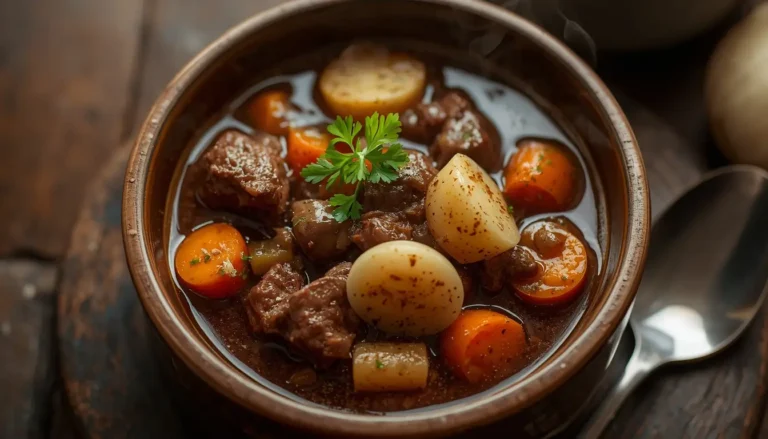 Bowl of hearty keto beef stew with tender beef chunks, carrots, and mushrooms garnished with parsley