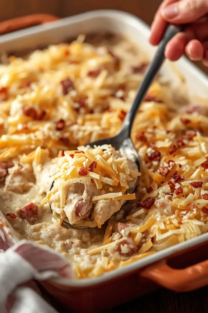 Chicken Cordon Bleu Casserole 3 Unbaked keto chicken cordon bleu casserole topped with Swiss cheese and crushed pork rinds