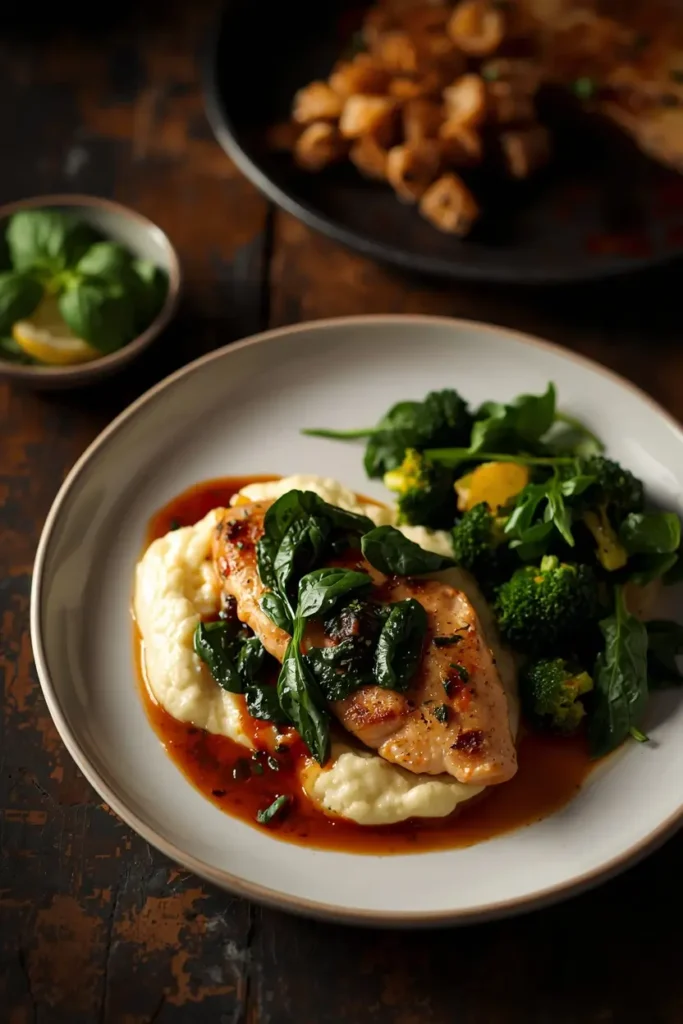 Chicken Florentine 4 Plate of keto chicken florentine served over cauliflower mash with roasted broccoli