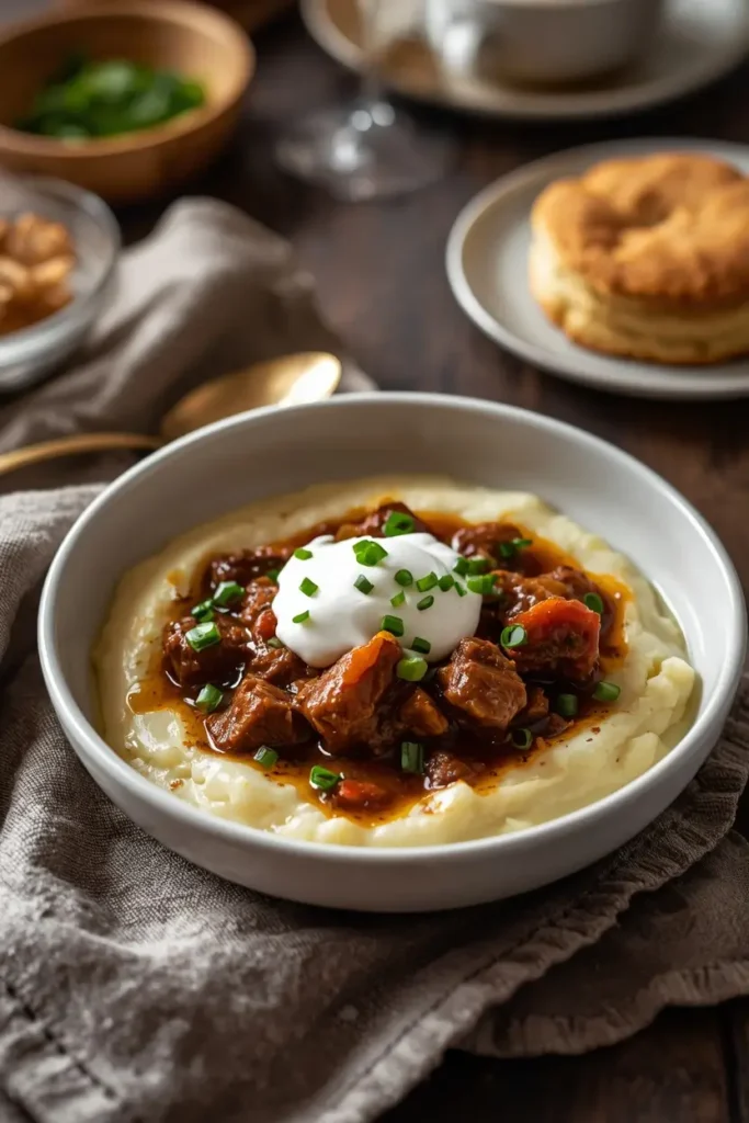 Keto Beef Stew 4 Keto diet beef stew served over creamy cauliflower mash with a side of almond flour biscuit