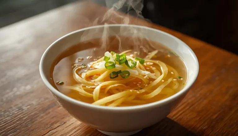 Bowl of keto egg drop soup with silky egg ribbons and green onions