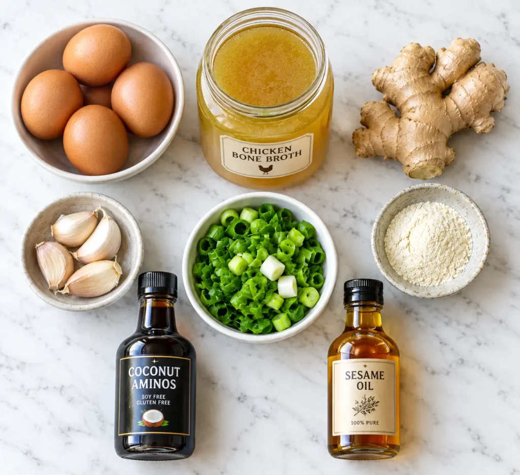Keto Egg Drop Soup 2 Flat lay of ingredients for keto egg drop soup recipe including eggs, bone broth, ginger, and green onions