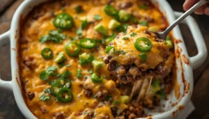 Keto Ground Beef Casserole Freshly baked keto ground beef casserole with melted cheese, cilantro, and avocado in a white baking dish