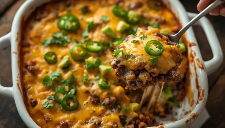 Freshly baked keto ground beef casserole with melted cheese, cilantro, and avocado in a white baking dish
