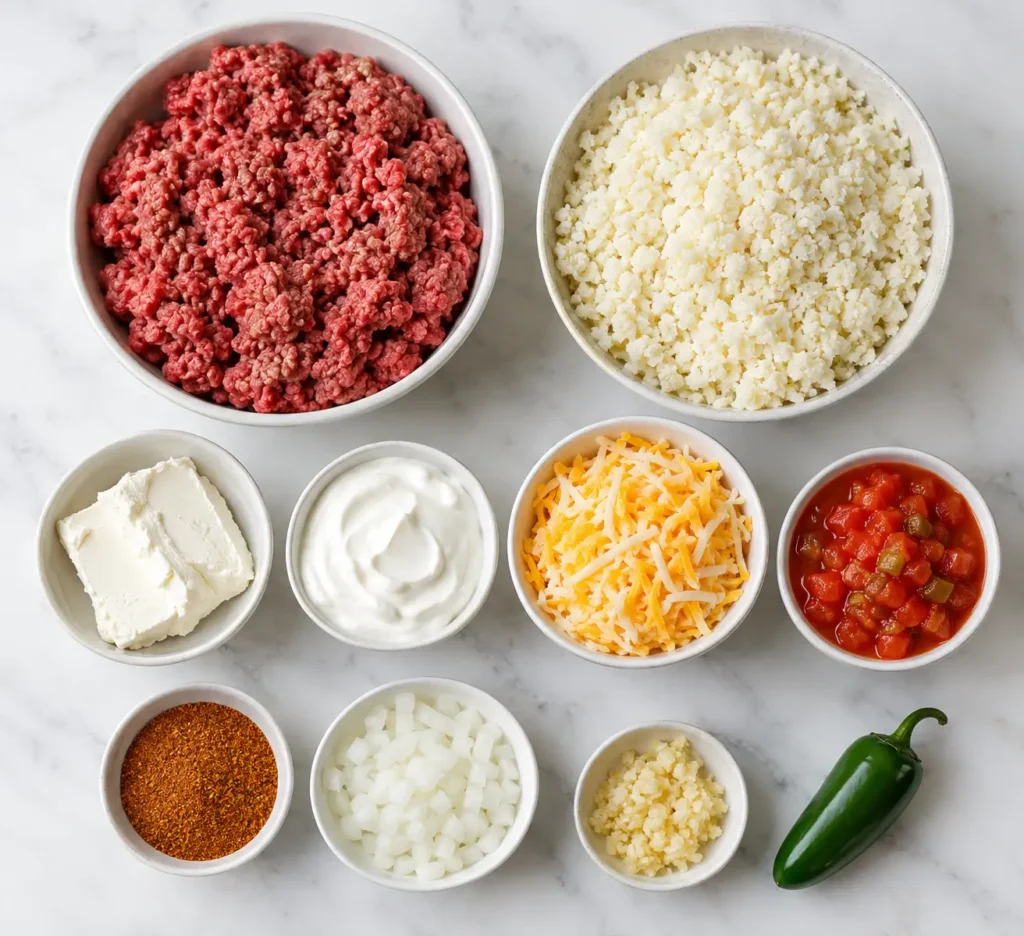 Keto Ground Beef Casserole 2 Ingredients for a keto ground beef casserole recipe laid out on a marble counter