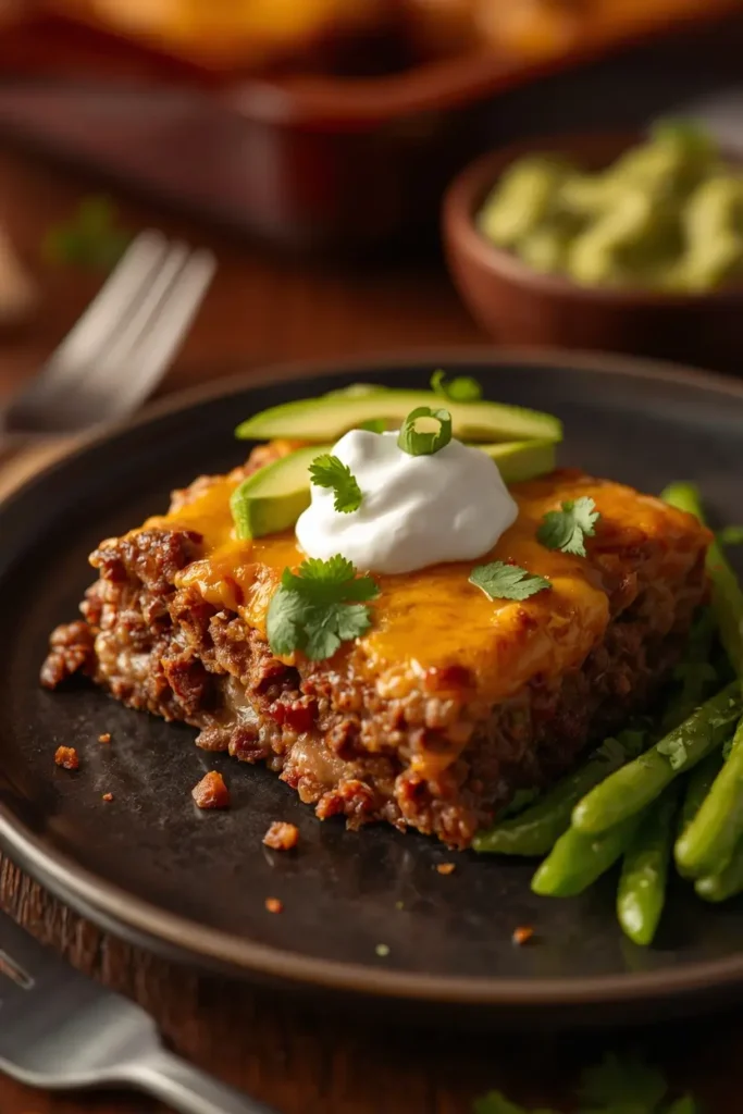Keto Ground Beef Casserole 4 A slice of keto ground beef casserole served with guacamole and green beans