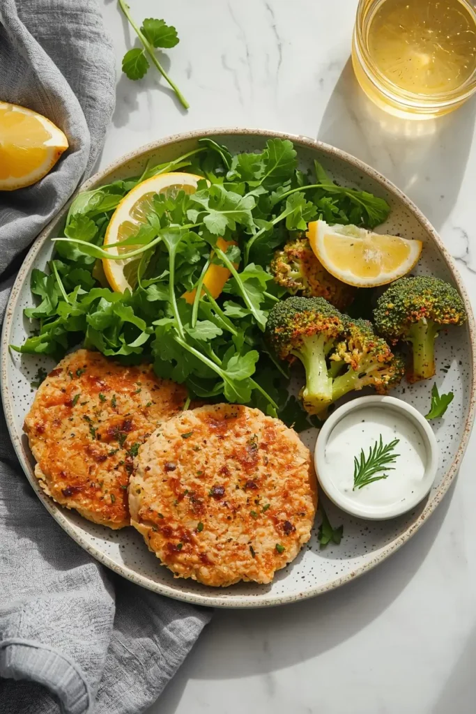 Keto tuna patties served with lemon arugula salad and roasted broccoli