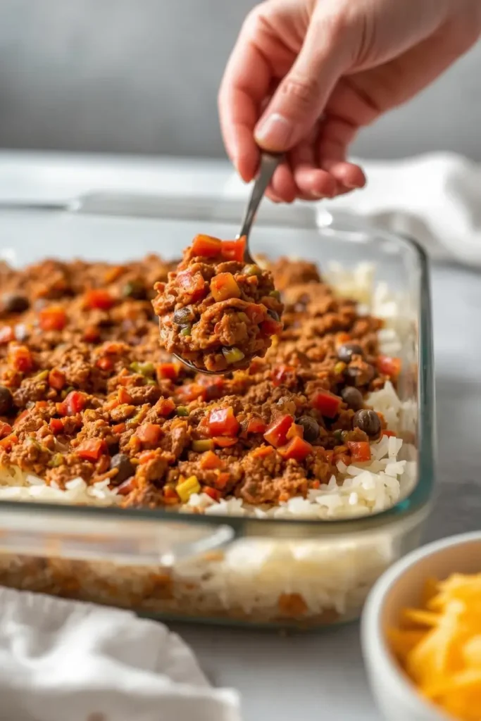 Keto Ground Beef Casserole 3 Layering beef mixture over cauliflower rice to assemble the keto ground beef casserole