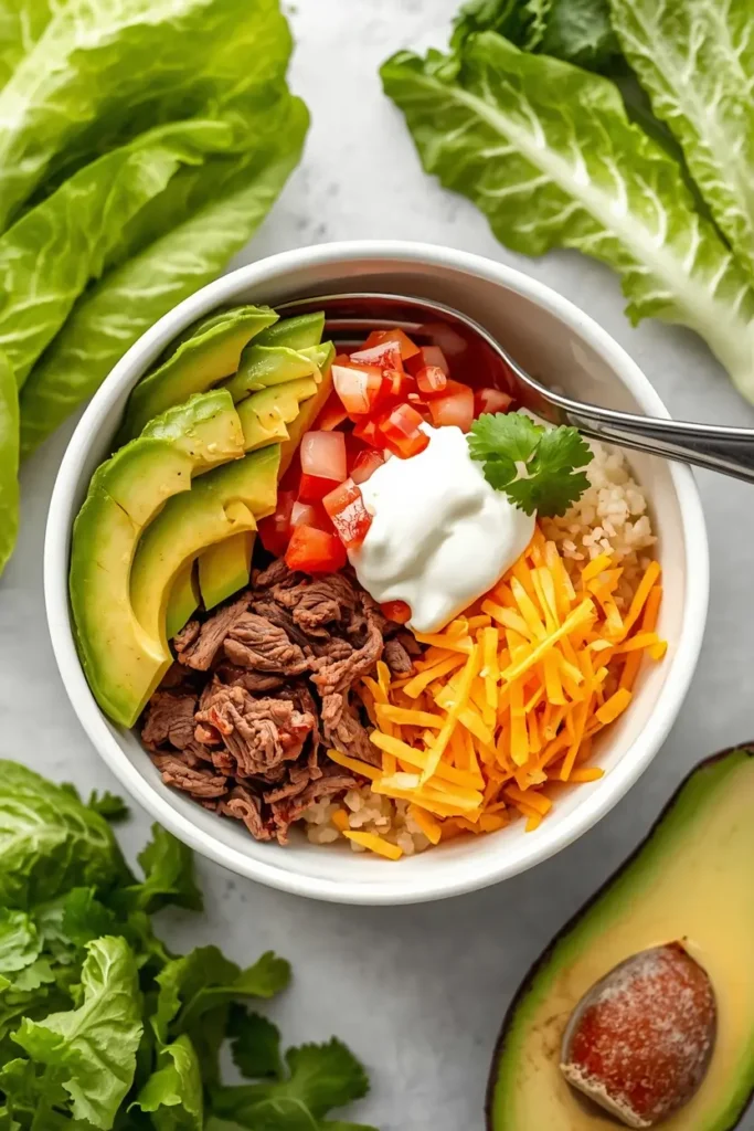 Barbacoa Recipe (Chipotle Copycat) 4 Keto burrito bowl made with barbacoa from Chipotle recipe, cauliflower rice, avocado, and pico de gallo