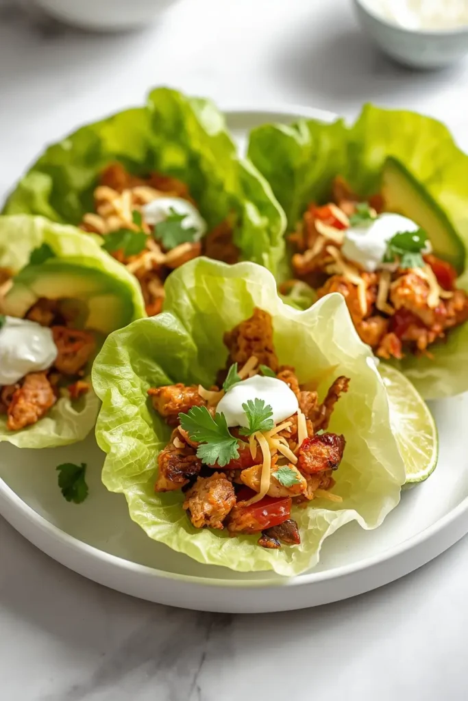 Chicken Fajitas 4 Low-carb chicken fajitas served in butter lettuce wraps with avocado and sour cream