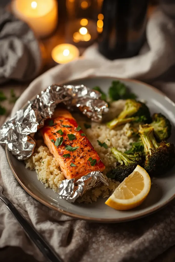 Salmon Foil Packets 4 Low-carb salmon foil packets dinner served with cauliflower rice and roasted broccoli