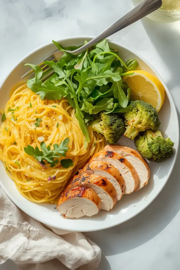Spaghetti Squash Alfredo 5 Low-carb lunch plate with spaghetti squash alfredo, grilled chicken, arugula salad, and broccoli