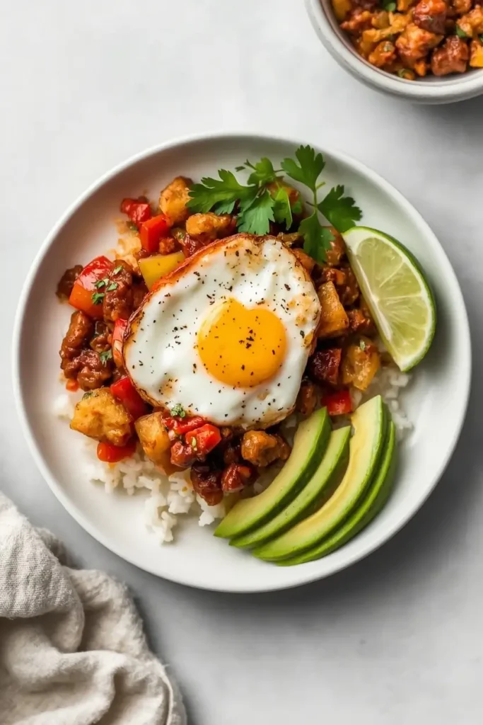 Spanish Chorizo Recipe 4 Plated low-carb lunch made with a spanish chorizo recipe over cauliflower rice with avocado
