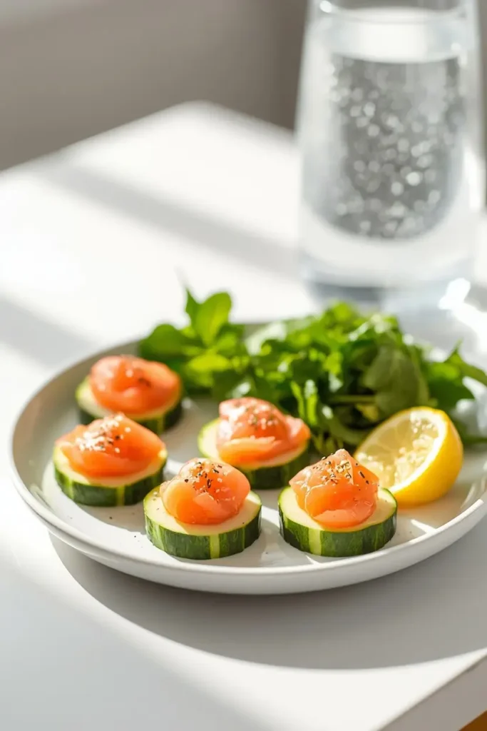 Keto lunch plate with salmon lox cucumber bites, green salad, and lemon wedge