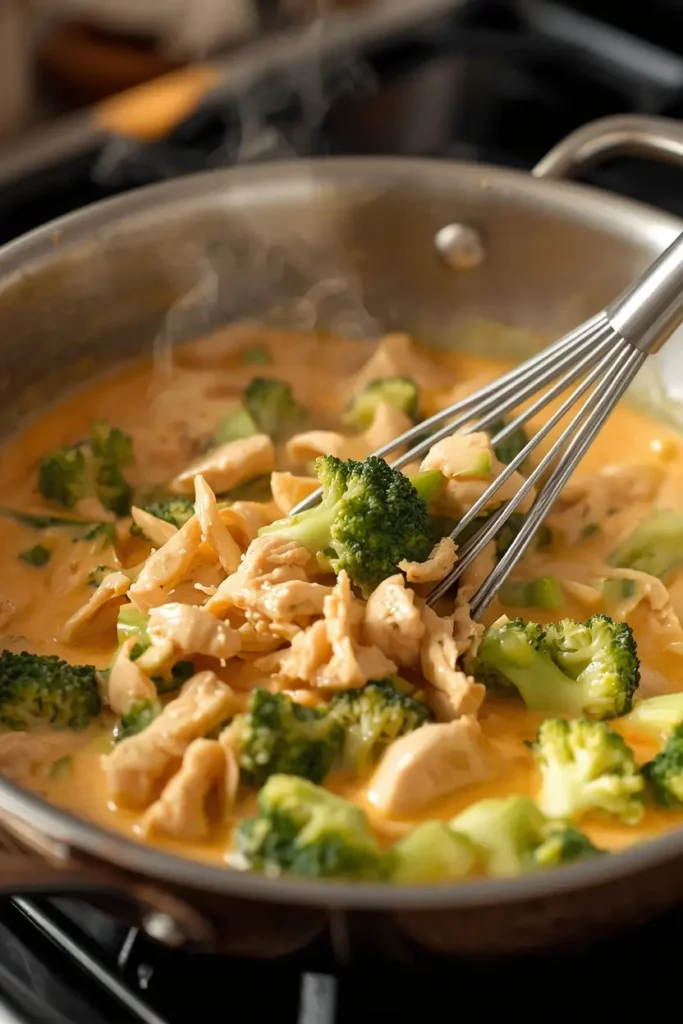 Creamy cheese sauce with chicken and broccoli being stirred in a skillet for chicken broccoli casserole