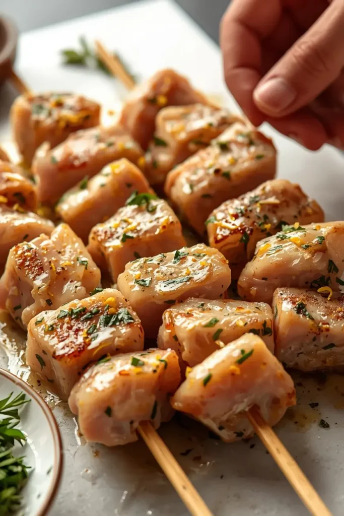 Chicken Greek Souvlaki Recipe 3 Threading marinated chicken onto skewers for an easy chicken greek souvlaki recipe