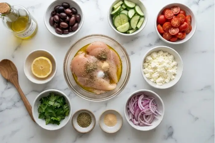 Fresh ingredients for a mediterranean chicken salad recipe laid out on a marble counter