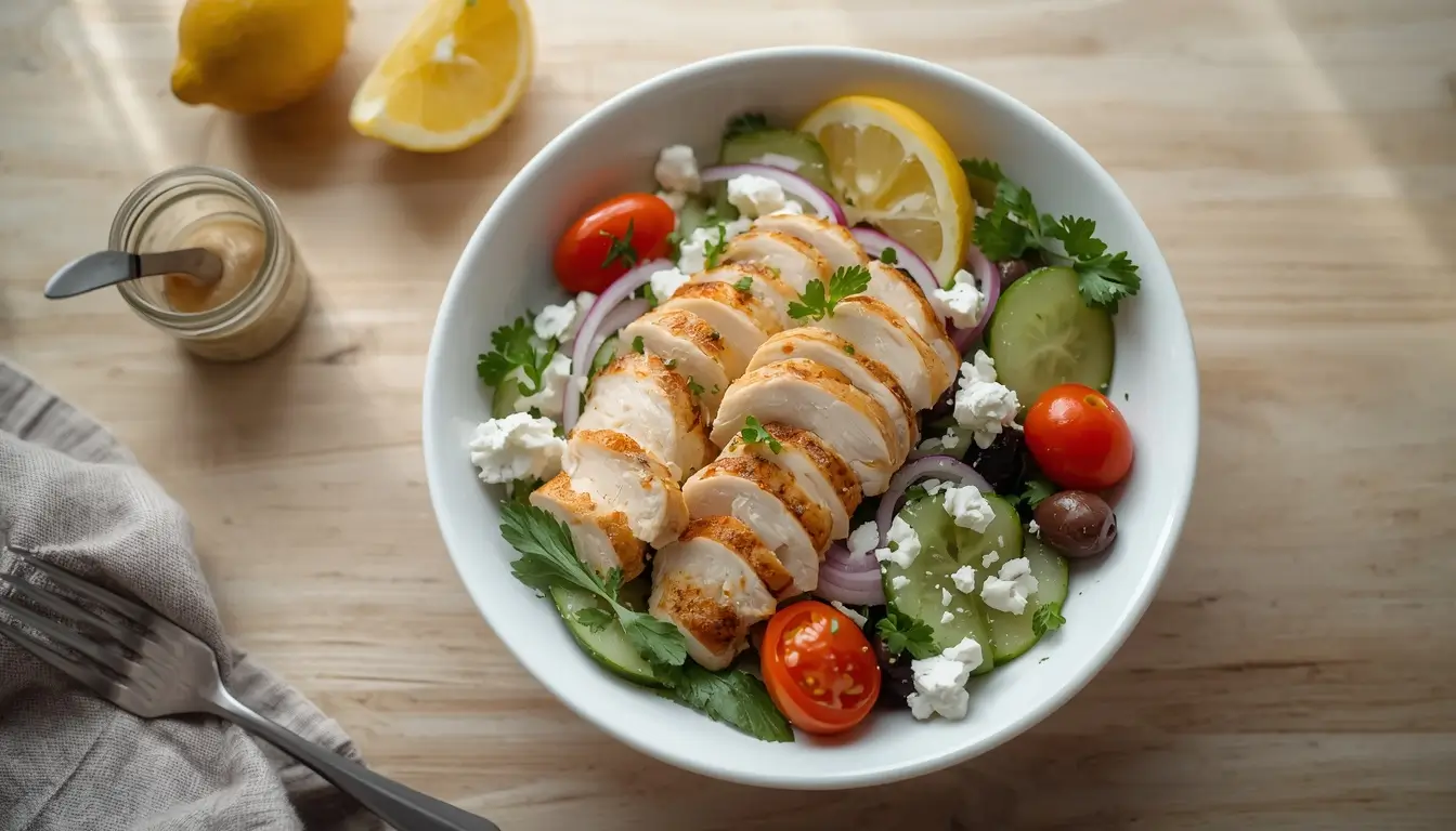 Easy low-carb mediterranean chicken salad with grilled chicken, feta, olives, and cucumber in a white bowl