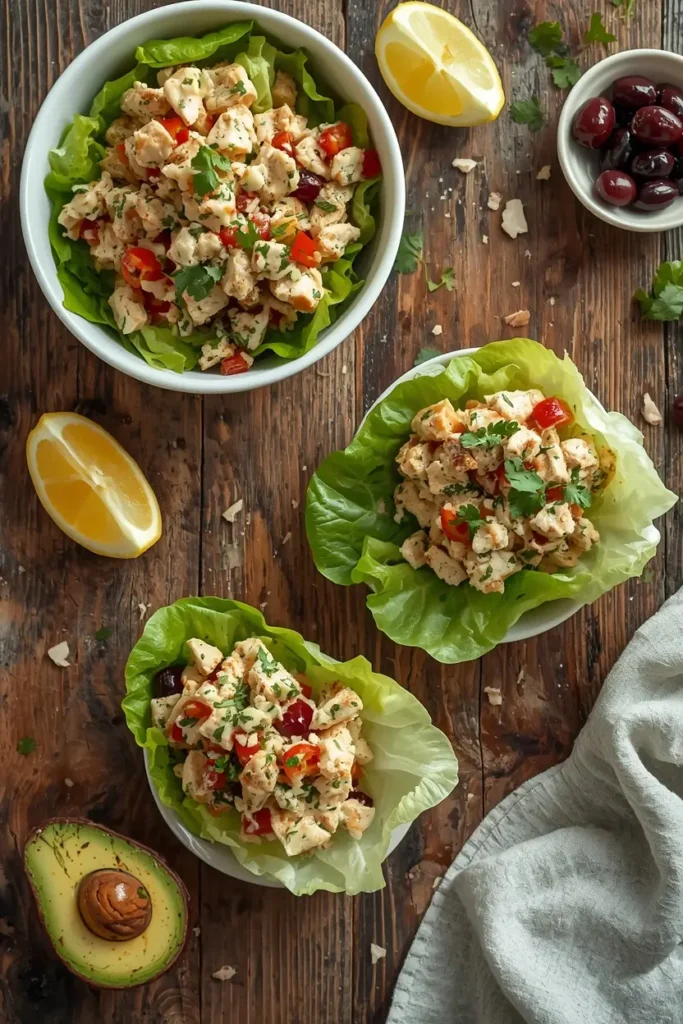 Three ways to serve low-carb mediterranean chicken salad: in a bowl, lettuce cups, and stuffed avocados