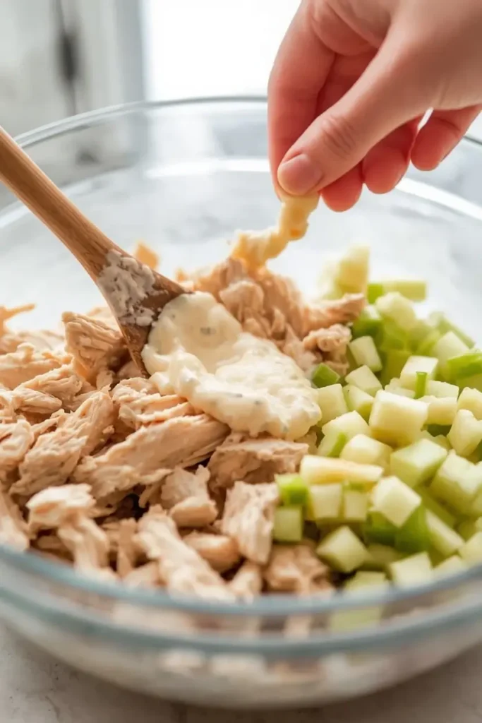 Folding dressing into chicken salad with apples in a glass bowl