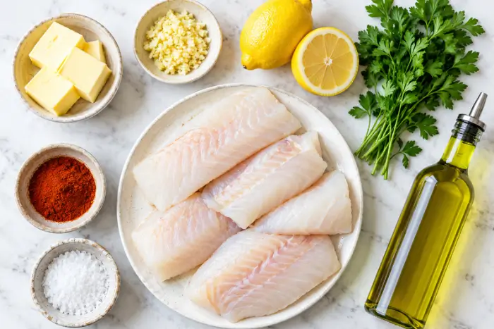 Pan Fried Cod 2 Fresh ingredients for a low-carb pan fried cod recipe including cod fillets, butter, garlic, and lemon