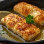 Golden pan fried cod fillets in garlic butter sauce with lemon and parsley in a cast iron skillet