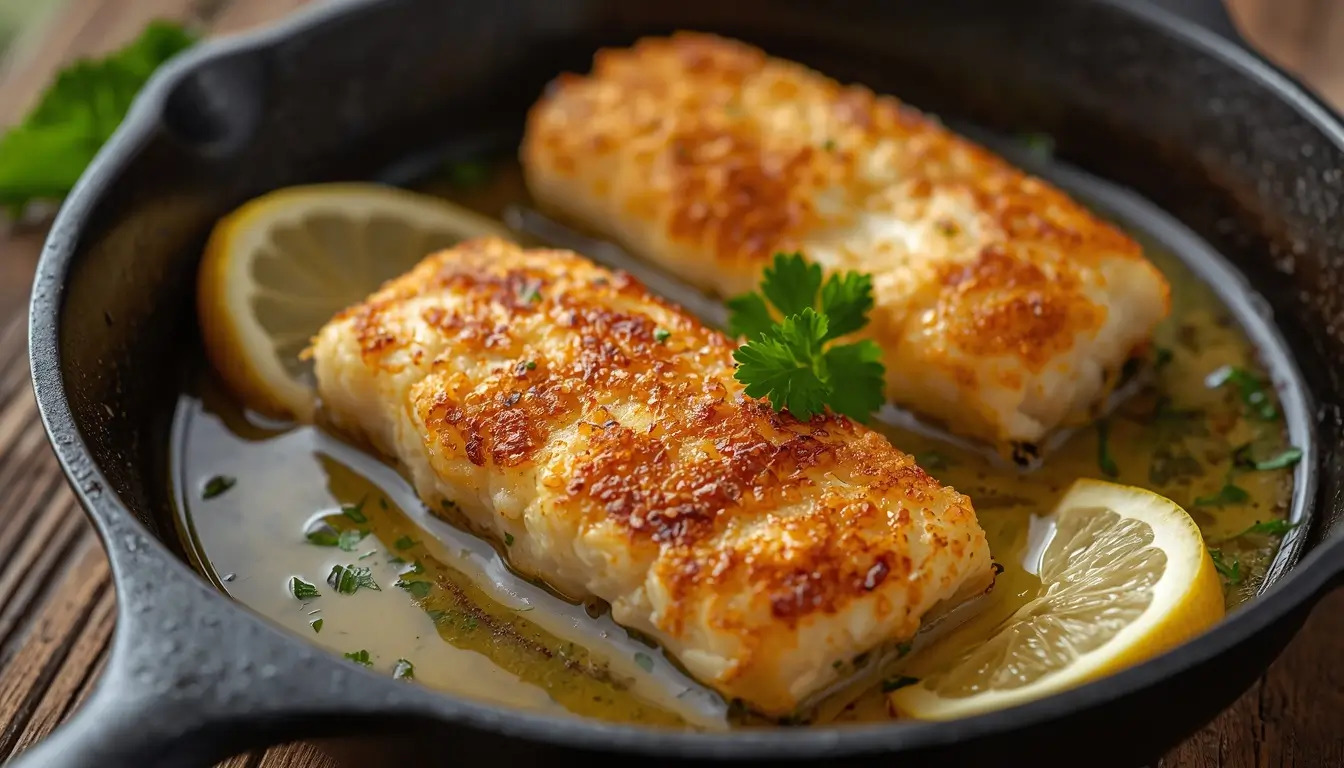 Pan Fried Cod 1 Golden pan fried cod fillets in garlic butter sauce with lemon and parsley in a cast iron skillet