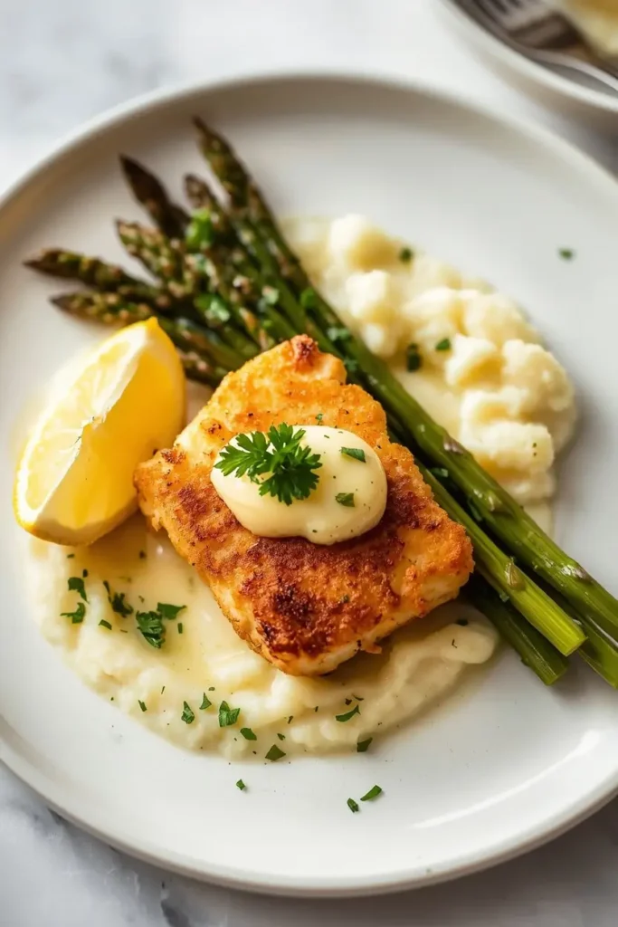 Pan Fried Cod 5 Plated pan fried cod with cauliflower mash and asparagus, a keto-friendly low-carb dinner