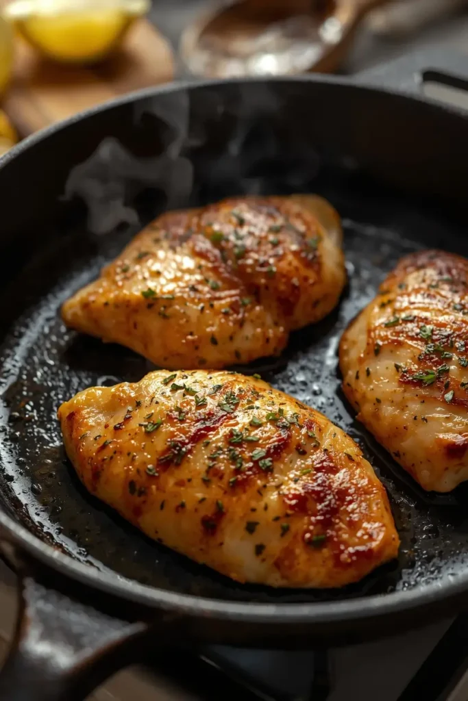 Pan-seared oregano chicken cooking in a skillet for mediterranean chicken salad