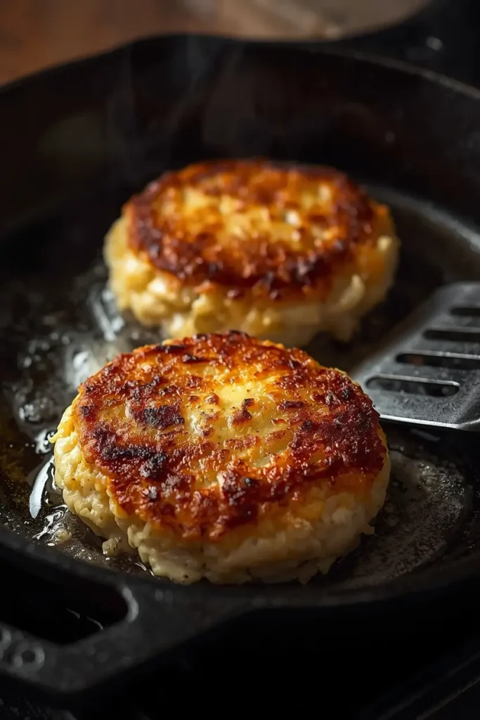 Crab Cake 4 Two crab cakes pan-searing in a cast-iron skillet with a golden crust
