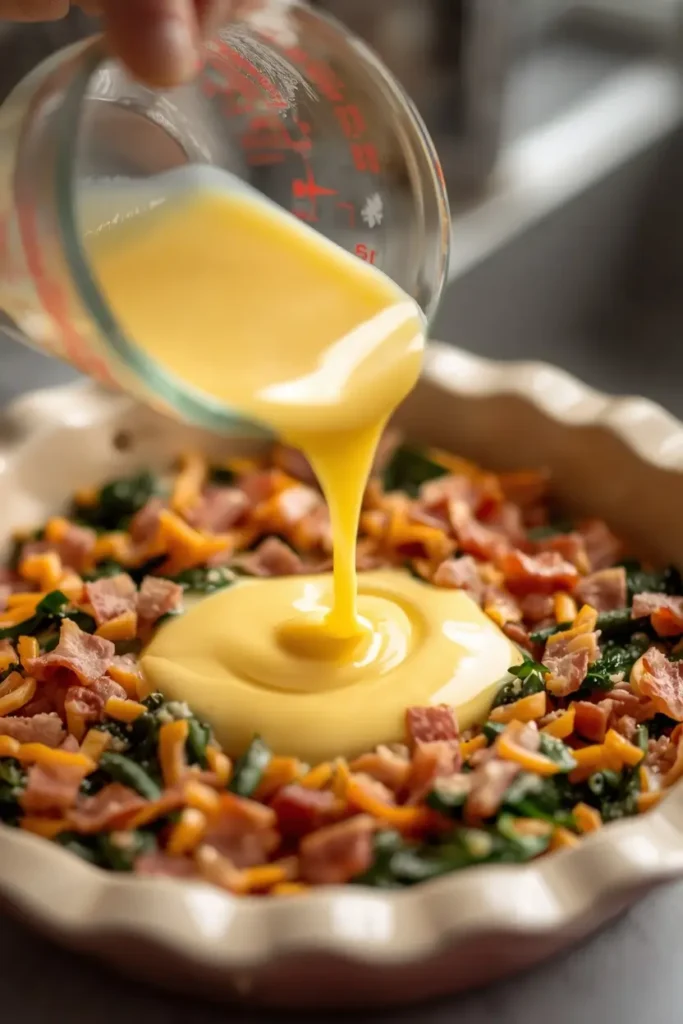Crustless Quiche 3 Pouring egg mixture over bacon, spinach, and cheese to make a crustless quiche