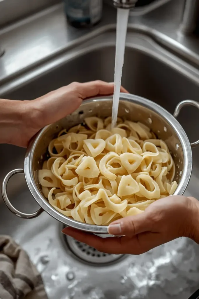 Rinsing hearts of palm pasta noodles in a colander under cold water