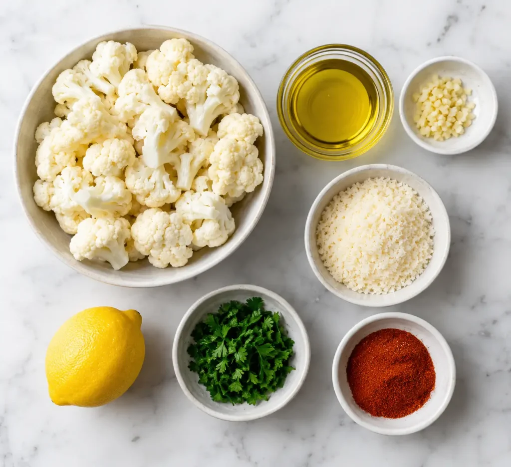 Roasted Cauliflower Bites 2 Fresh ingredients for roasted cauliflower bites including cauliflower, parmesan, garlic, and paprika