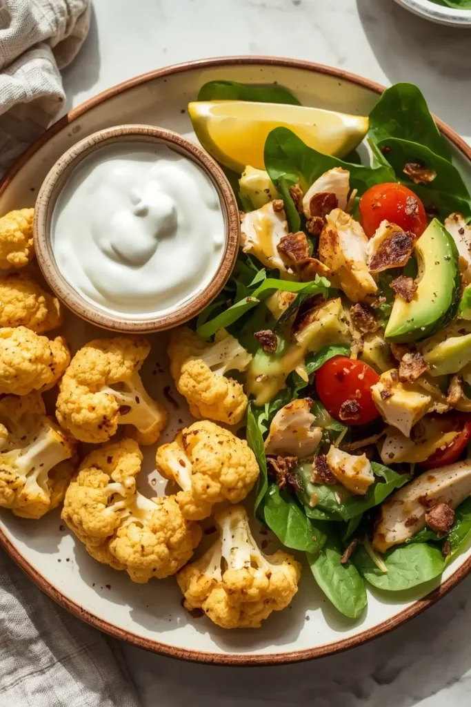 Roasted Cauliflower Bites 4 Low-carb lunch plate with roasted cauliflower bites, ranch dip, and chicken salad