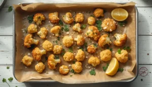 Roasted Cauliflower Bites Crispy golden roasted cauliflower bites with parmesan and parsley on a baking sheet