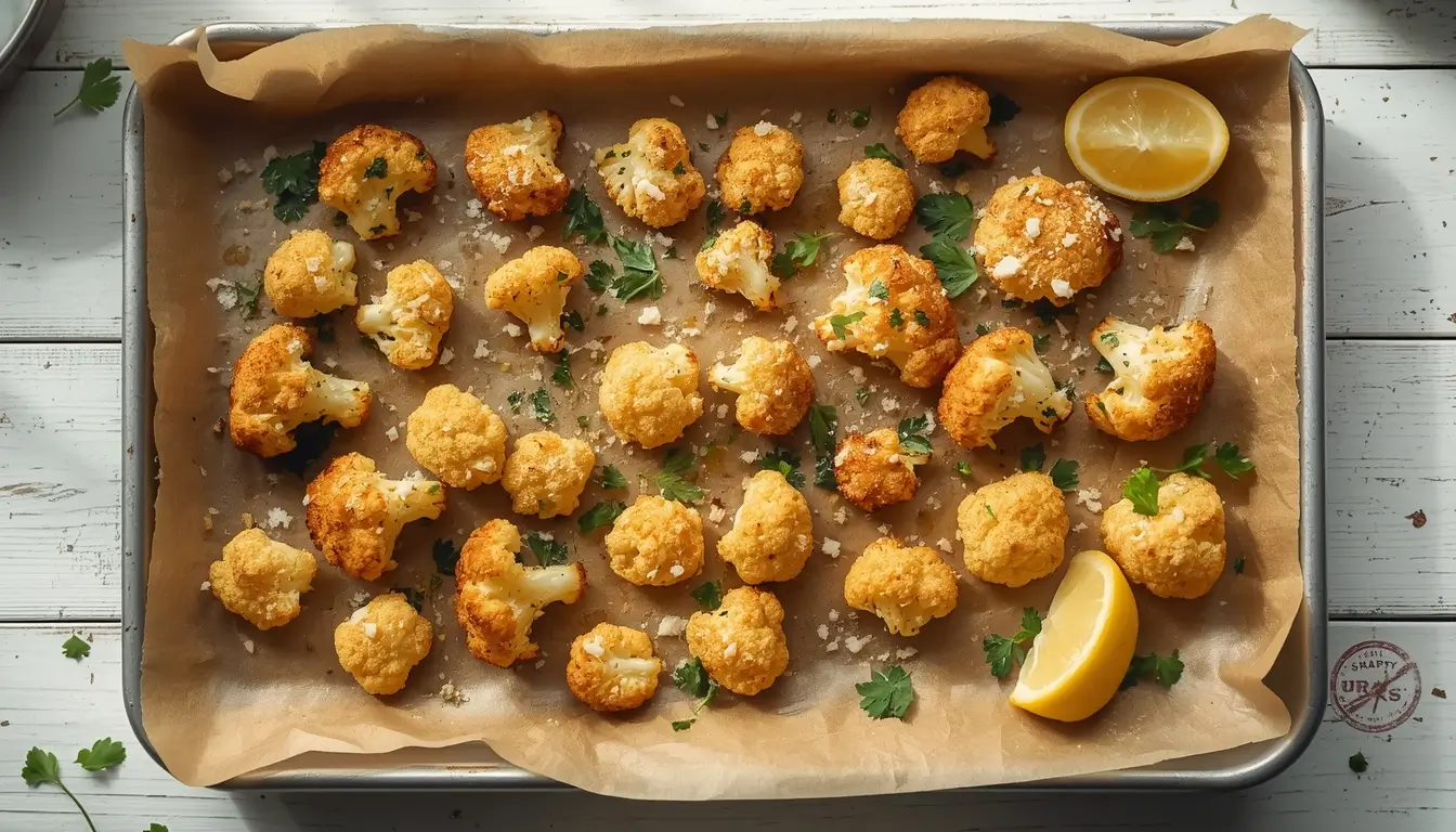 Roasted Cauliflower Bites 1 Crispy golden roasted cauliflower bites with parmesan and parsley on a baking sheet