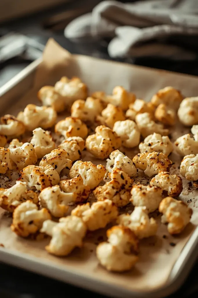 Cauliflower Mac and Cheese 3 Golden roasted cauliflower florets on a baking sheet ready for low-carb mac and cheese