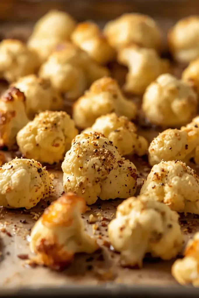 Cauliflower Baked Ziti 3 Golden roasted cauliflower florets on a baking sheet, the base for cauliflower baked ziti