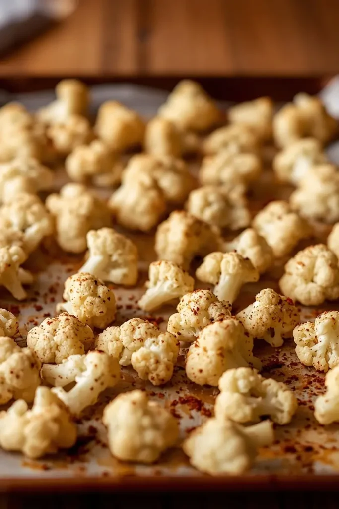 Cauliflower Nachos 3 Golden roasted cauliflower florets on a baking sheet, the base for cauliflower nachos